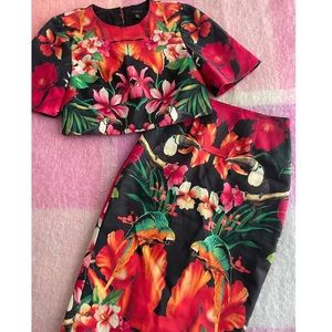 Ted Baker Toucan Tropical Print Two Piece Set Crop Top Pencil Skirt